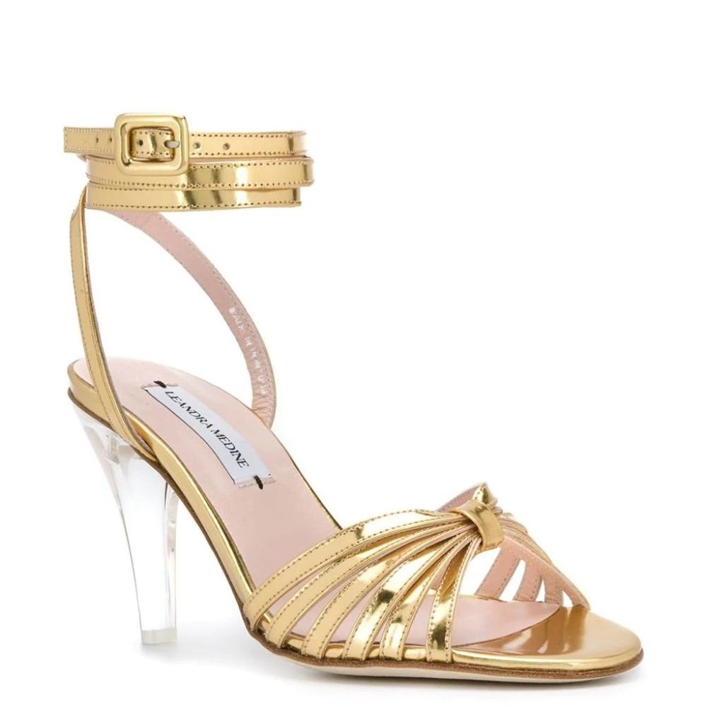 Leandra Medine Gold Leather Caged Heels